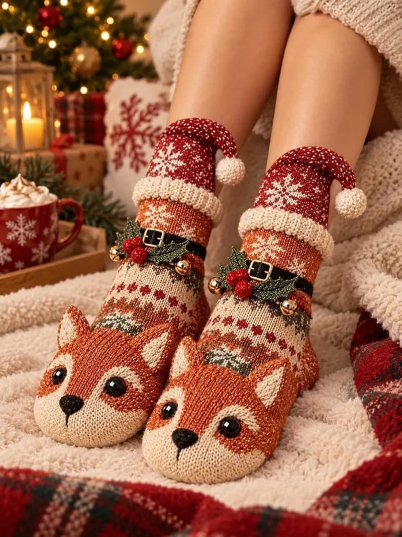 Women's Christmas Animal Santa Hat Print Mid Calf Socks