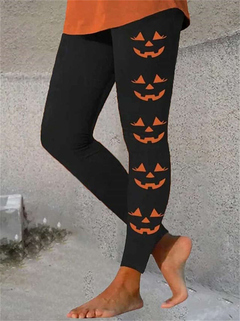 Women's Halloween Black Pumpkin Print High Waist Ankle Length Legging