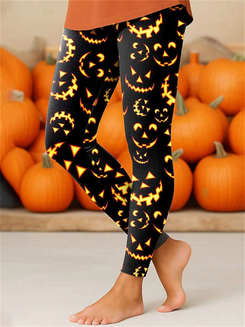 Women's Halloween Black Pumpkin Face Print Ankle Length Leggings