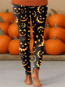 Women's Halloween Black Pumpkin Face Print Ankle Length Leggings