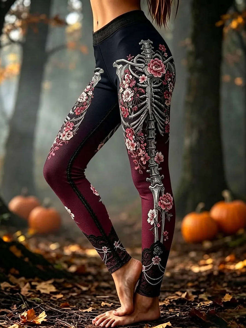 Women's Halloween Black Burgundy Skeleton Floral Print Ankle Length Leggings