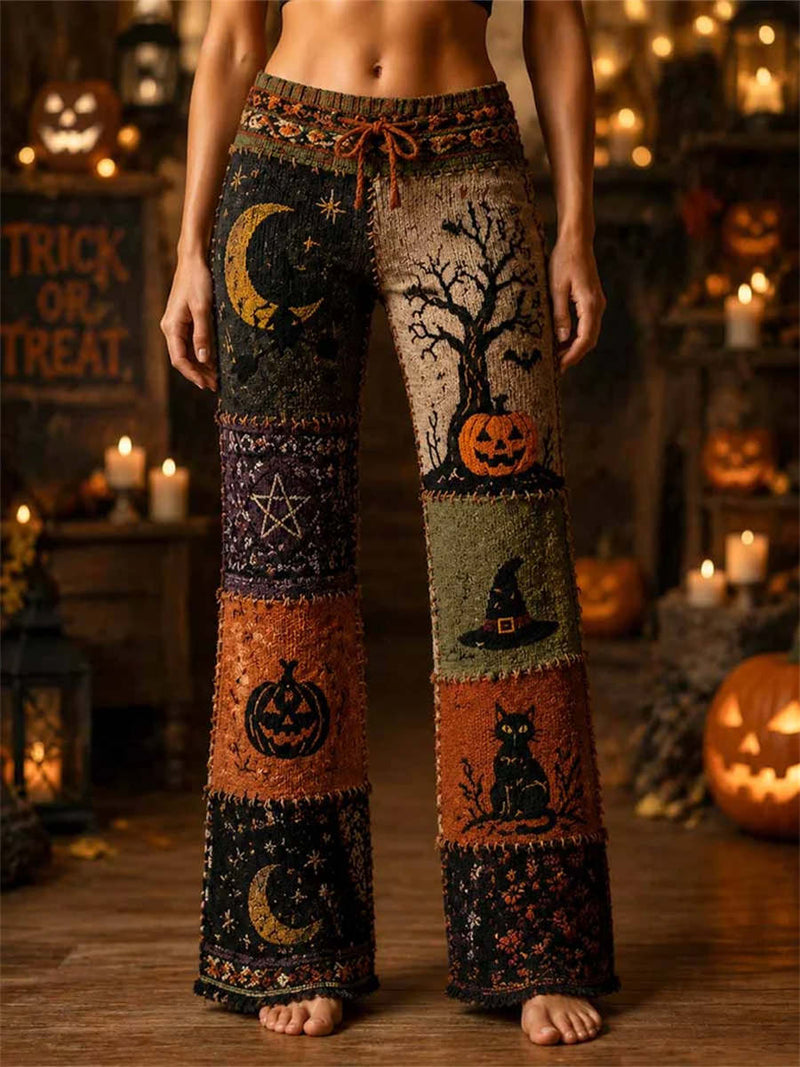 Women's Halloween Multi Pumpkin Black Cat Witch Hat Patchwork Print Drawstring Elastic Waist Long Pants