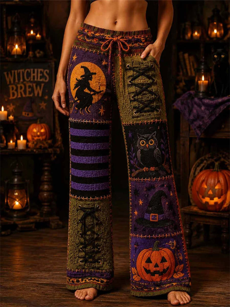 Women's Halloween Multi Witch Owl Pumpkin Patchwork Print Drawstring Elastic Waist Long Pants