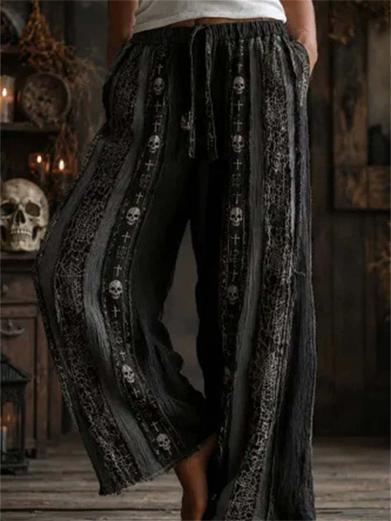 Women's Halloween Black Skull Cross Spider Web Print Drawstring Elastic Waist Long Pants