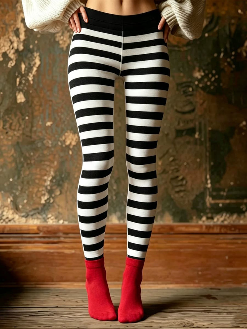 Women's Halloween Black White Stripe Print Elastic Waist Long Leggings