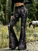 Women's Halloween Black Purple Skeleton Rose Floral Print Elastic Waist Flare Long Pants