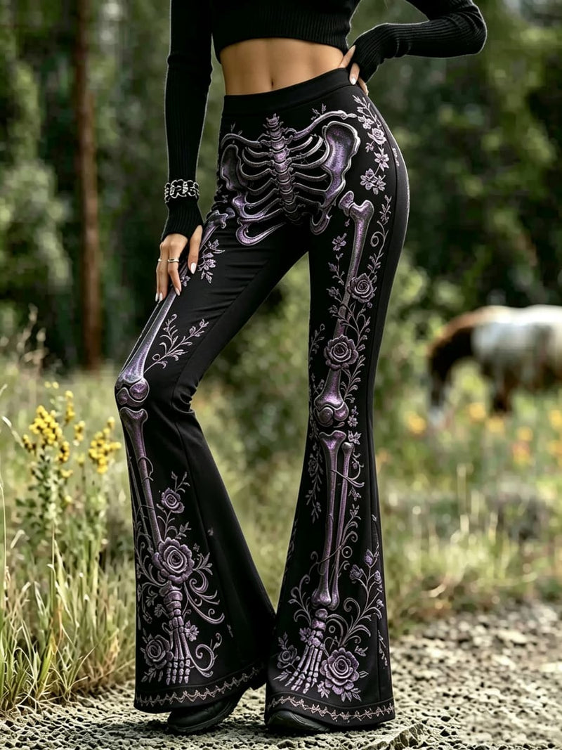 Women's Halloween Black Purple Skeleton Rose Floral Print Elastic Waist Flare Long Pants