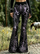 Women's Halloween Black Purple Skeleton Rose Floral Print Elastic Waist Flare Long Pants