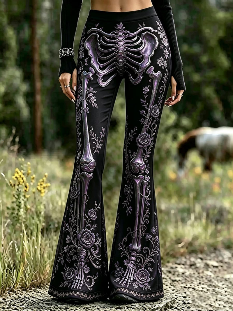 Women's Halloween Black Purple Skeleton Rose Floral Print Elastic Waist Flare Long Pants