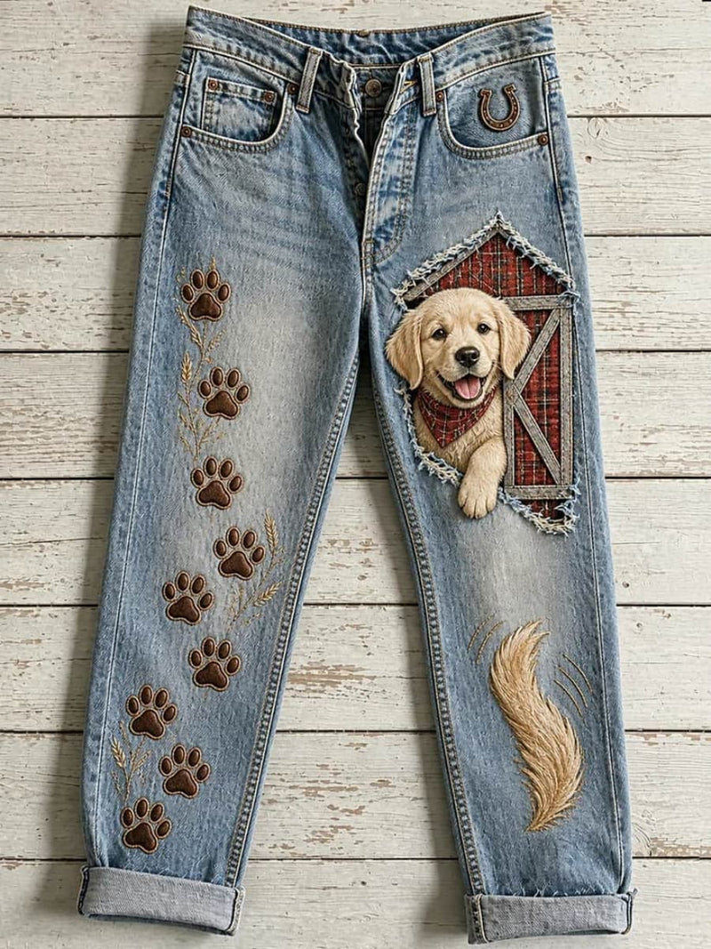 Women's Light Blue Denim Golden Retriever Dog Paw Print High Waist Long Jeans