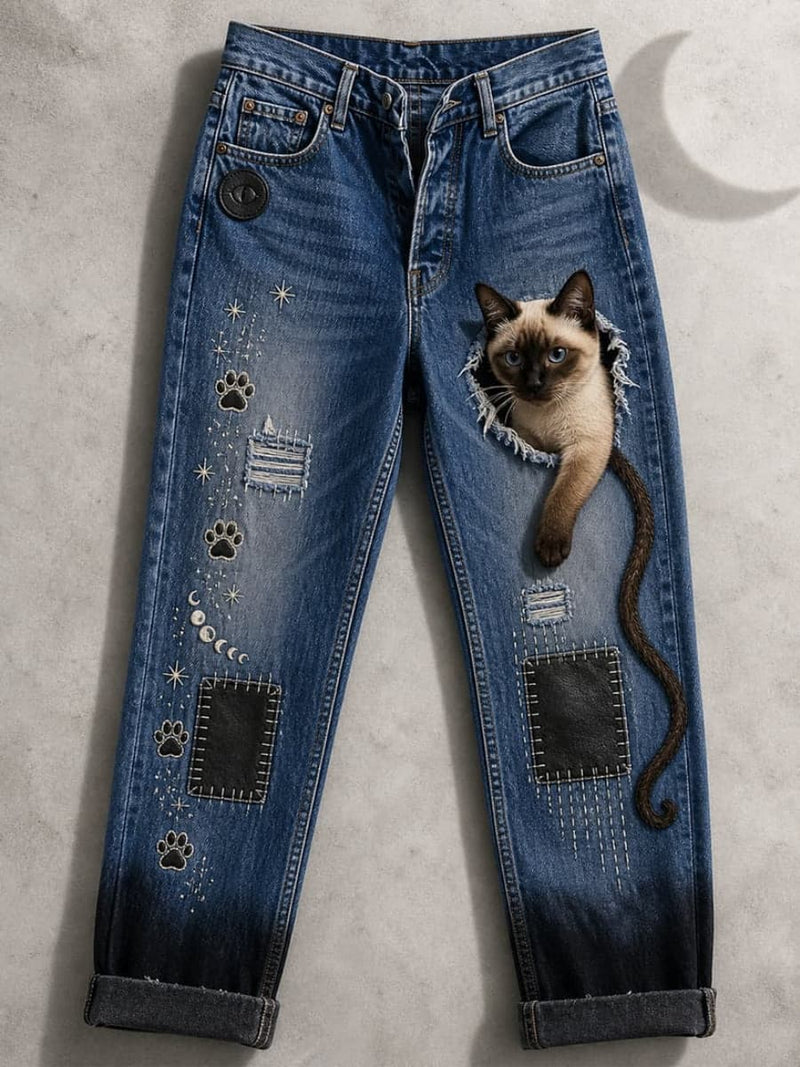 Women's Blue Black Gradient Siamese Cat Paw Moon Star Print High Waist Long Jeans