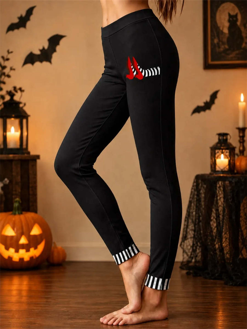 Women's Halloween Black Witch Red Shoe Stripe Print High Waist Long Leggings