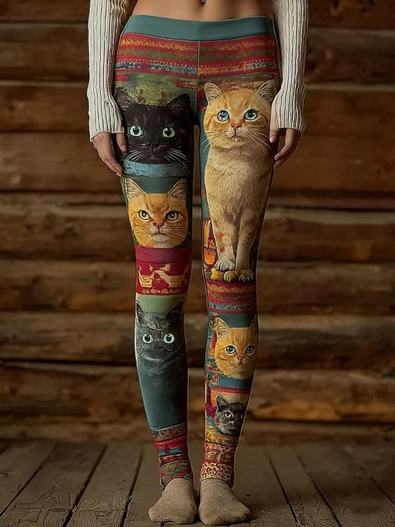 Women's Green Vintage Multi-Cat Portrait Print High Waist Long Leggings