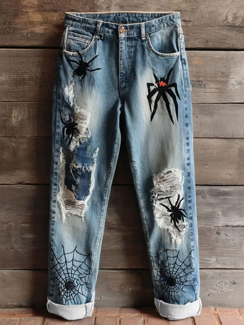 Women's Halloween Blue Spider Web Print Mid Waist Long Jeans