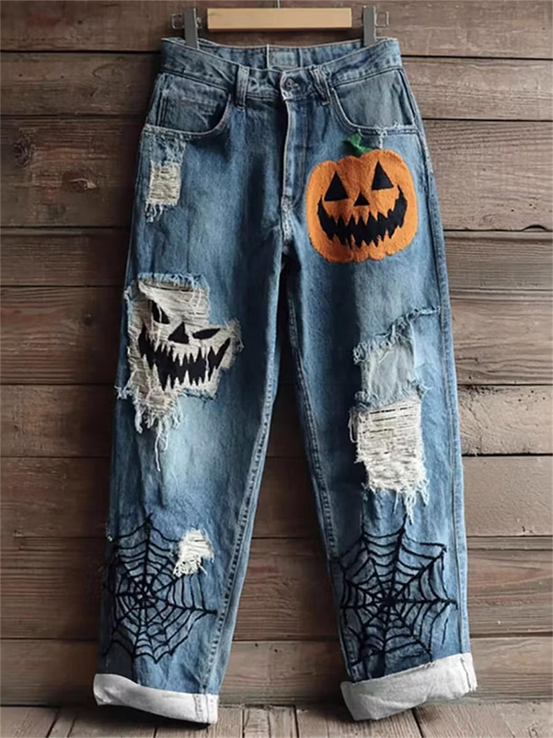 Women's Halloween Blue Pumpkin Ghost Spider Web Print Mid Waist Long Jeans