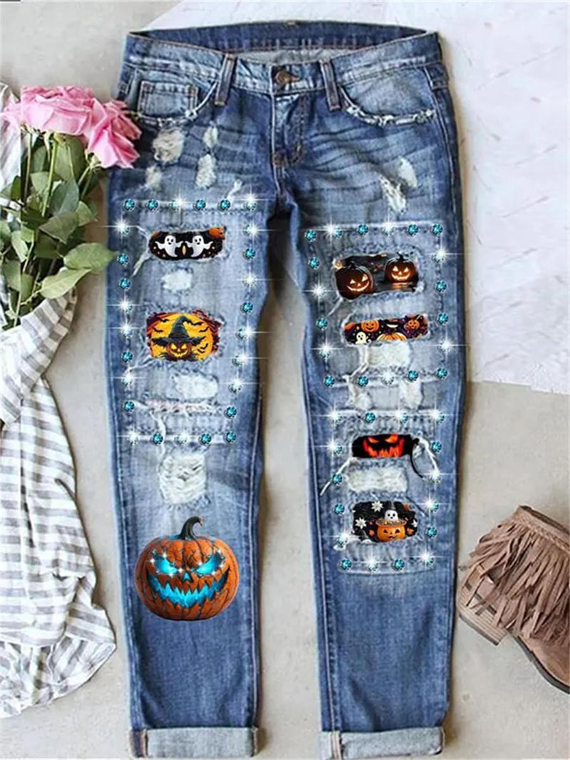 Women's Halloween Blue Evil Pumpkin Ghost Print Mid Waist Long Jeans
