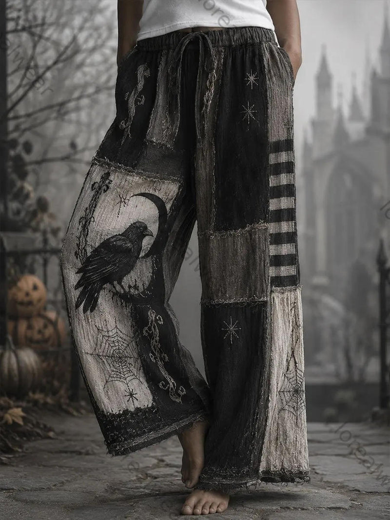 Women's Halloween Black Grey Crow Spider Web Patchwork Print Drawstring Elastic Waist Wide Leg Pants