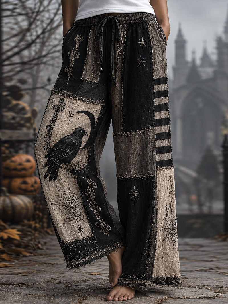 Women's Halloween Black Grey Crow Spider Web Patchwork Print Drawstring Elastic Waist Wide Leg Pants