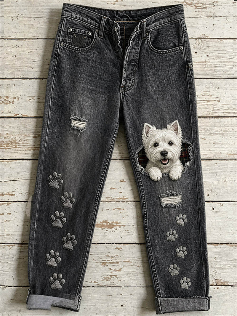 Women's Dark Grey Westie Dog Paw Print Mid Waist Long Jeans