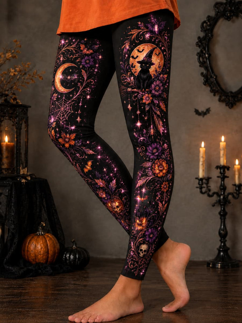 Women's Halloween Black Witch Cat Moon Floral Skull Print High Waist Long Leggings