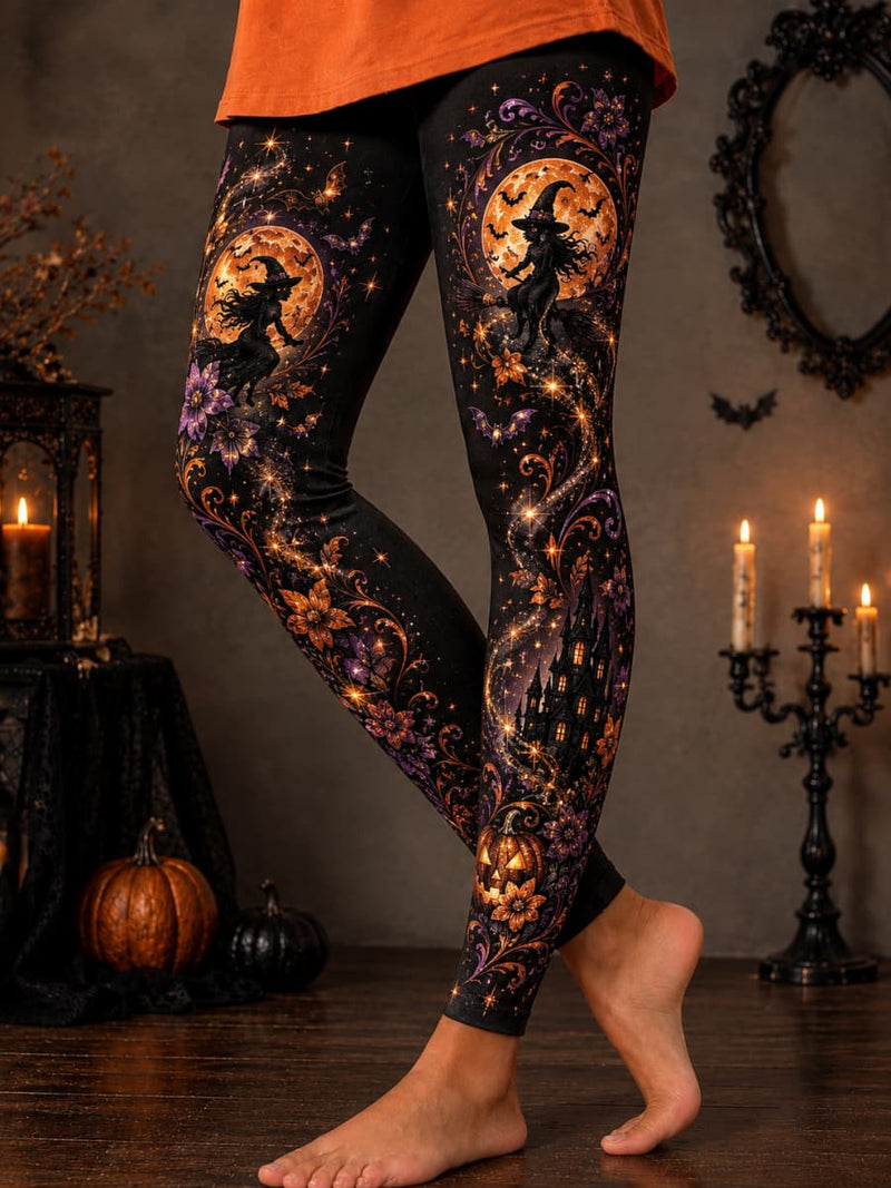 Women's Halloween Black Witch Castle Pumpkin Moon Bat Floral Print High Waist Long Leggings