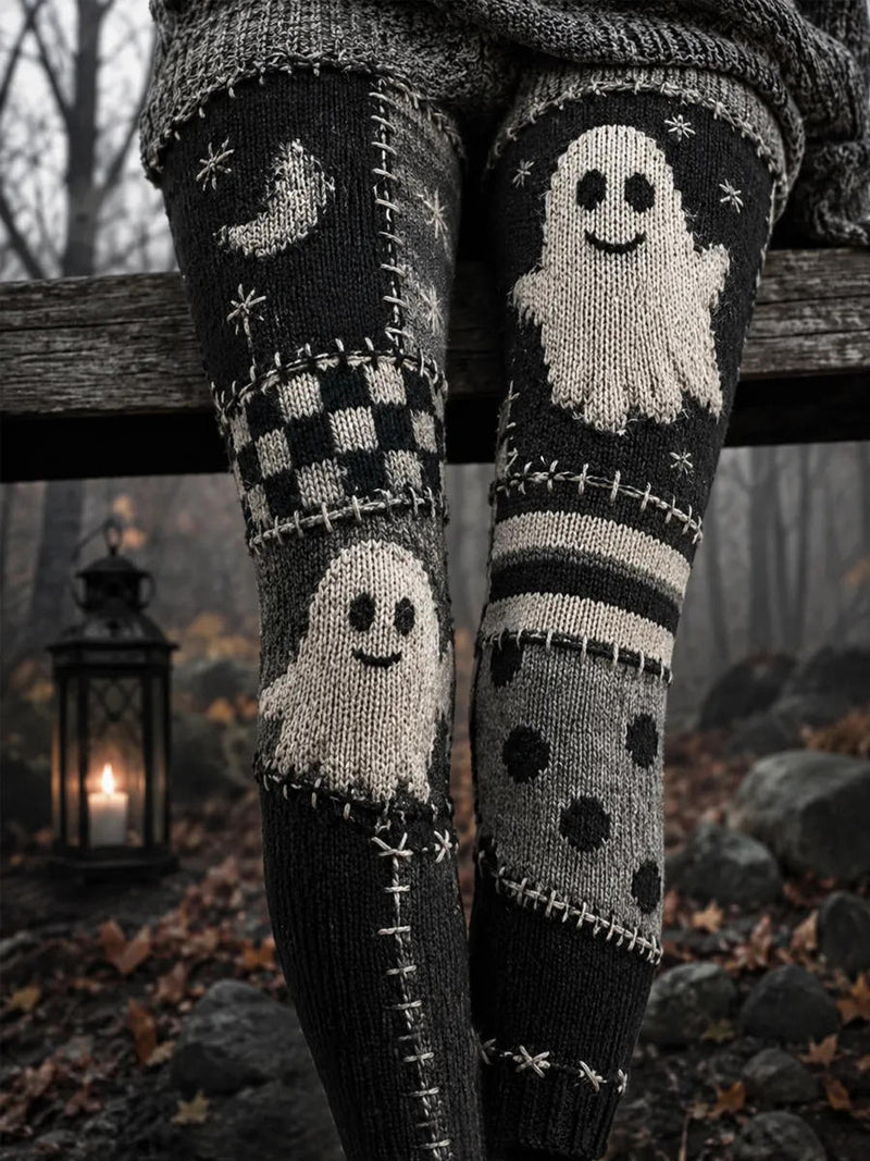 Women's Halloween Black Ghost Moon Plaid Print High Waist Long Leggings