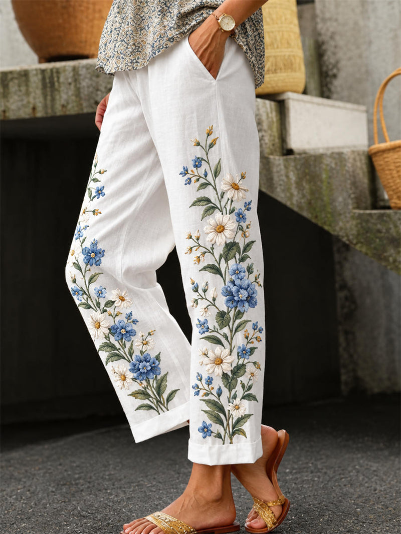 Women's White Floral Print Elastic Waist Straight Long Pants