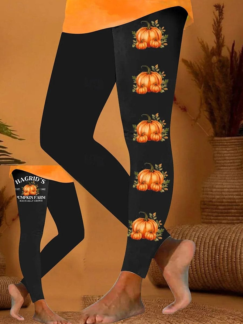 Women's Halloween Black Pumpkin Farm Letter Print High Waist Long Leggings