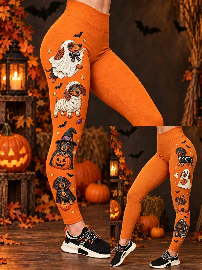 Women's Halloween Orange Dachshund Ghost Mummy Print High Waist Leggings