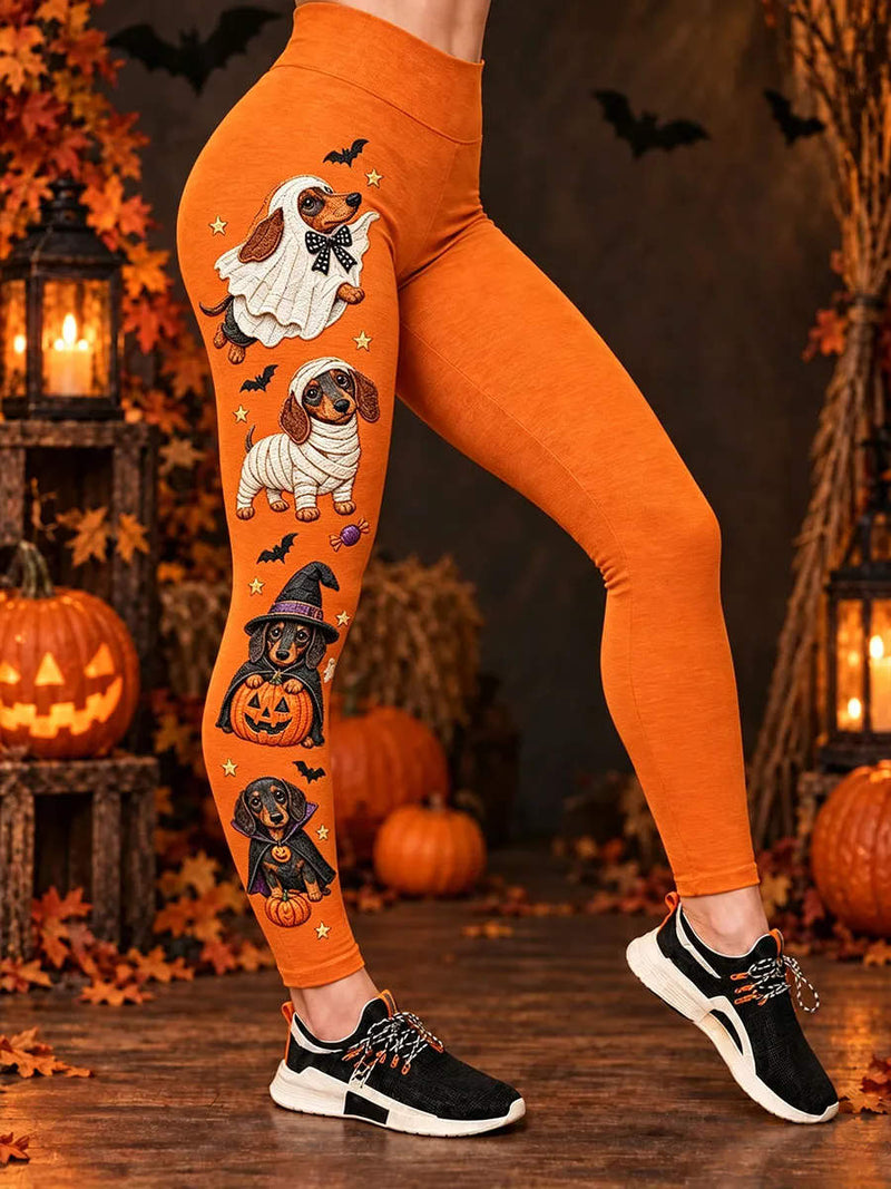 Women's Halloween Orange Dachshund Ghost Mummy Print High Waist Leggings