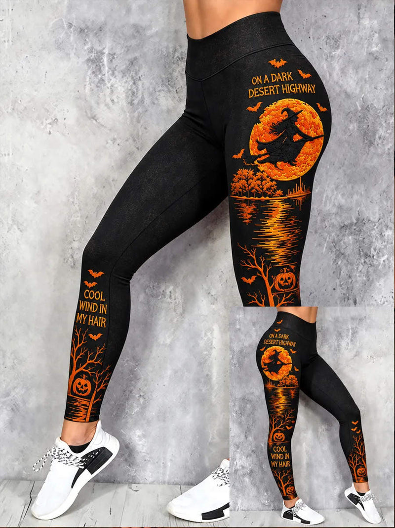 Women's Halloween Black Witch Moon Bat Pumpkin Letter Print High Waist Leggings