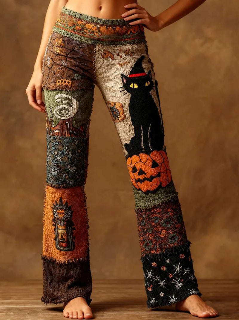 Women's Halloween Multi Black Cat Pumpkin Patchwork Print High Waist Long Flare Pants