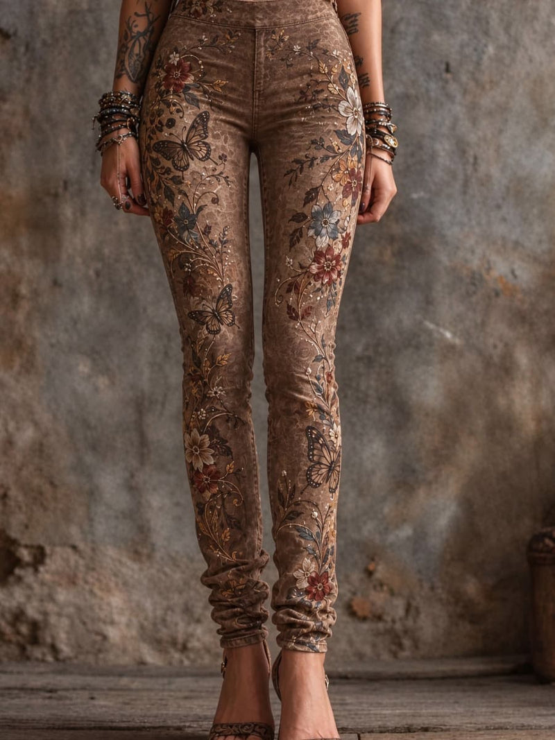 Women's Brown Butterfly Floral Print High Waist Long Pants