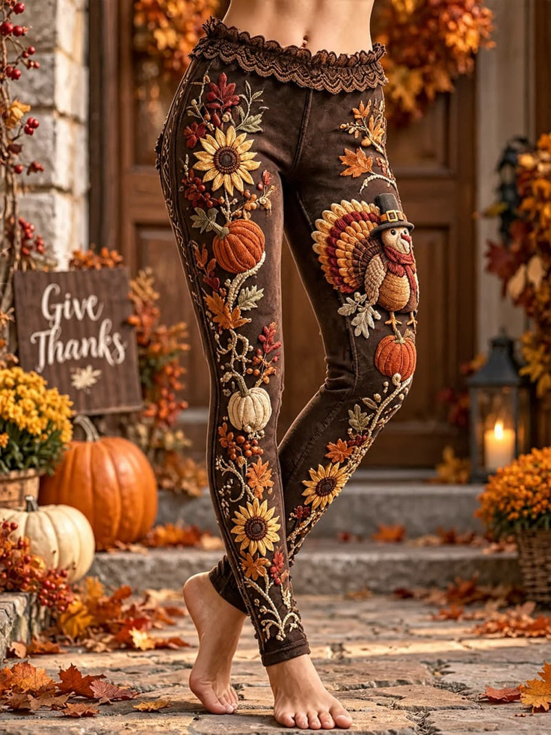 Women's Thanksgiving Brown Turkey Sunflower Pumpkin Print Lace Waist Leggings