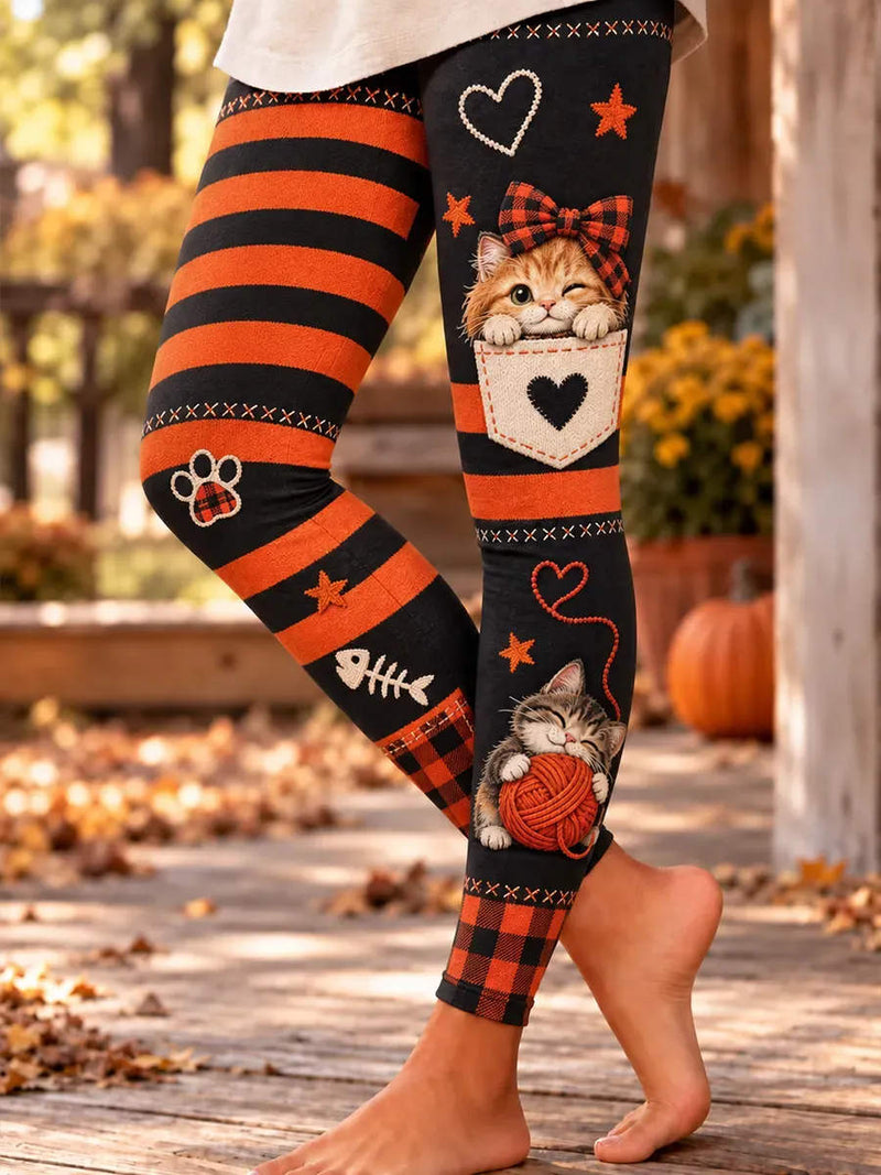 Women's Black Orange Stripe Plaid Cute Cat Print High Waist Leggings