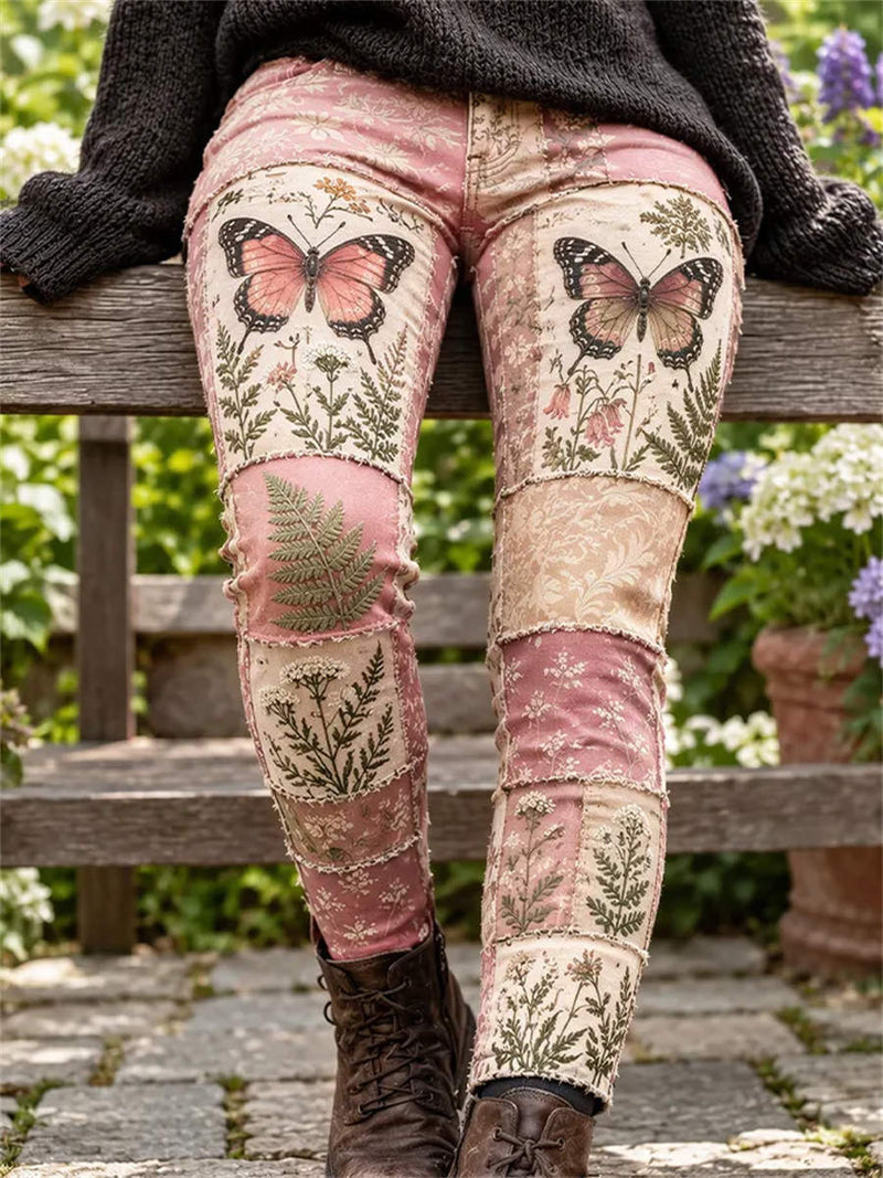 Women's Pink Patchwork Butterfly Floral Print High Waist Long Pants