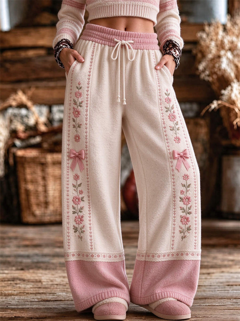 Women's Cream Pink Floral Bow Print Drawstring Waist Wide Leg Long Pants