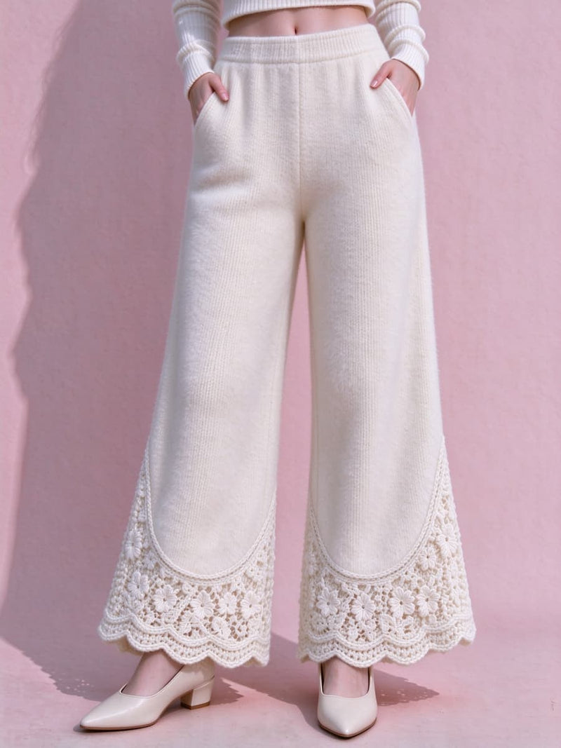 Women's Cream Lace Floral Trim High Waist Knit Flare Long Pants