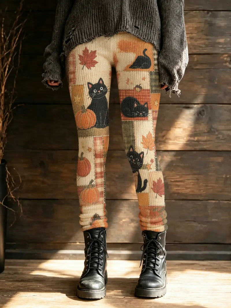 Women's Thanksgiving Beige Orange Cat Pumpkin Maple Leaf Patchwork Print High Waist Long Leggings
