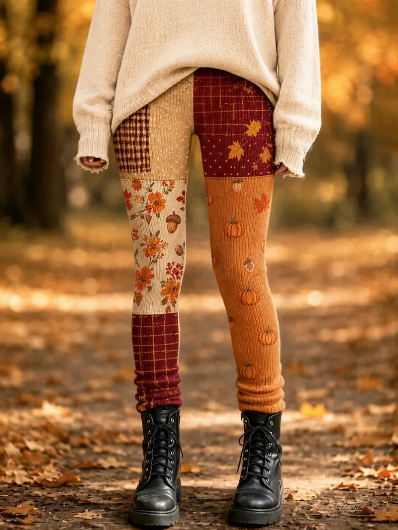 Women's Thanksgiving Multi Pumpkin Maple Leaf Floral Plaid Print High Waist Long Leggings