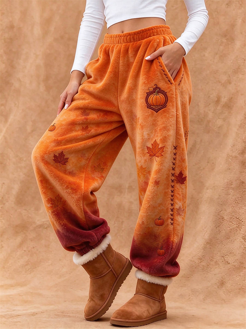 Women's Thanksgiving Orange Pumpkin Maple Leaf Print Elastic Waist Long Pants
