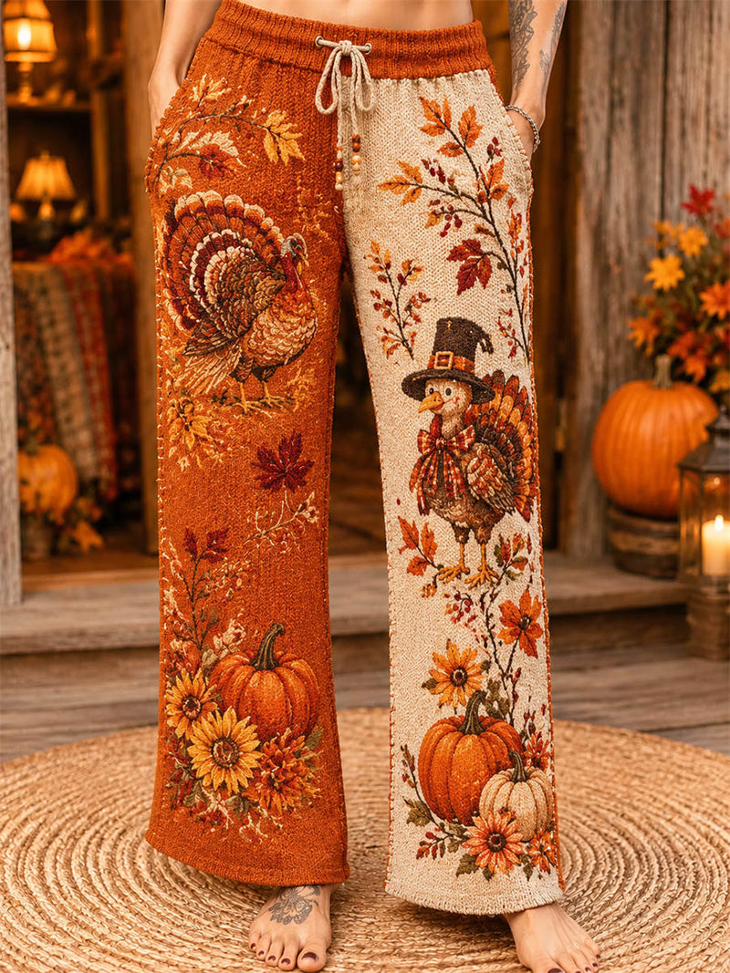 Women's Thanksgiving Orange Cream Turkey Pumpkin Sunflower Print Drawstring Waist Long Pants