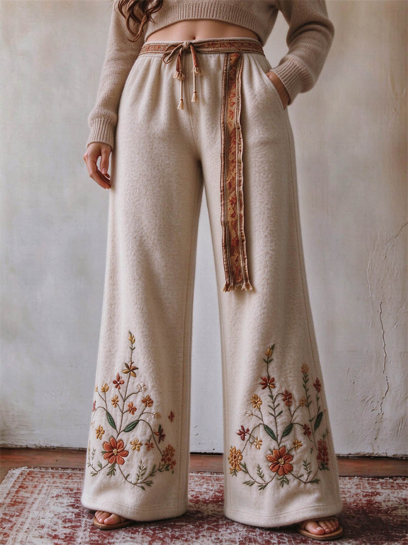 Women's Cream Floral Print Tassel Drawstring High Waist Wide Leg Long Pants
