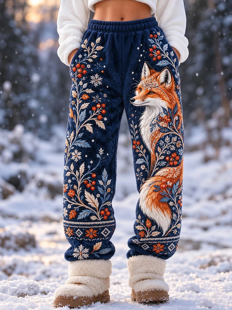 Women's Navy Blue Fox Floral Snowflake Print Elastic Waist Long Pants