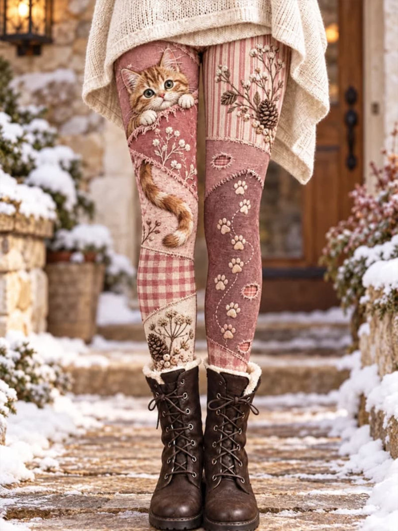 Women's Pink Cat Pinecone Plaid Patchwork Print High Waist Long Leggings