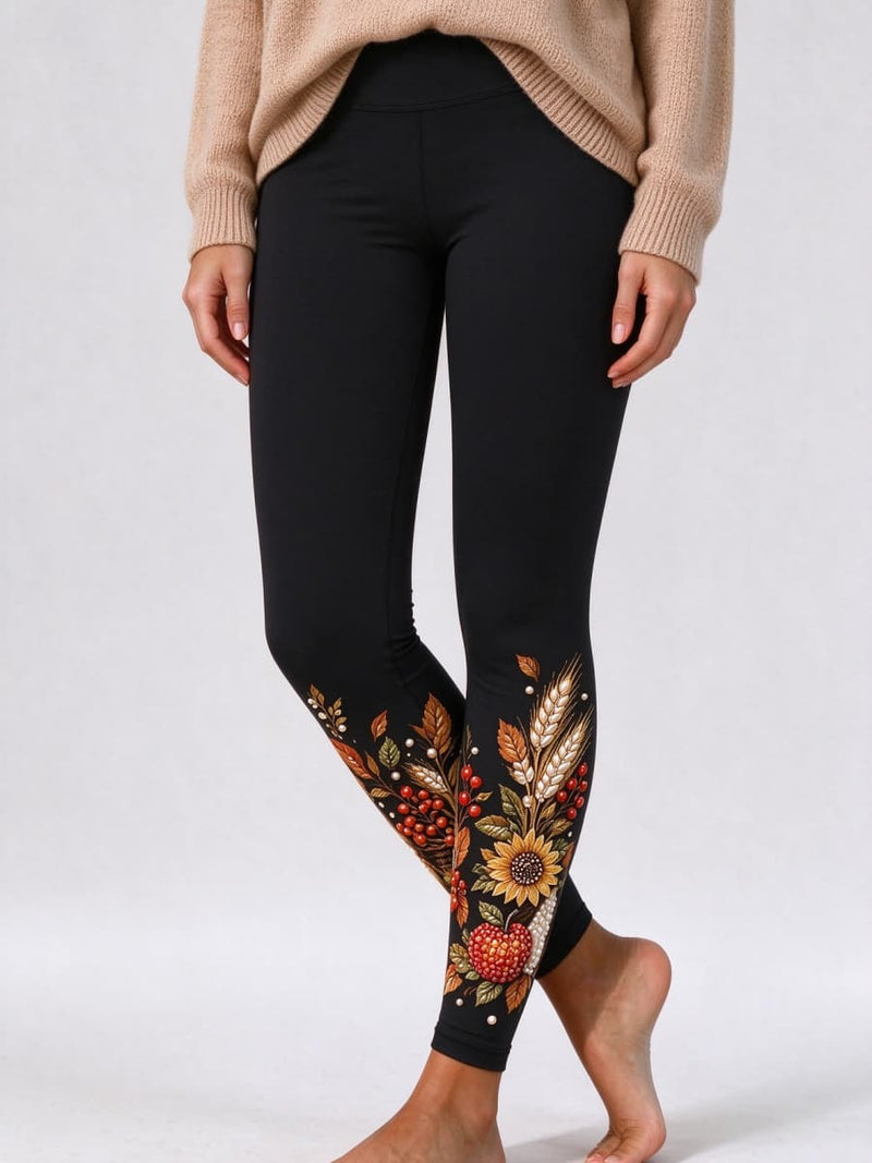 Women's Thanksgiving Black Sunflower Wheat Fruit Print High Waist Long Leggings
