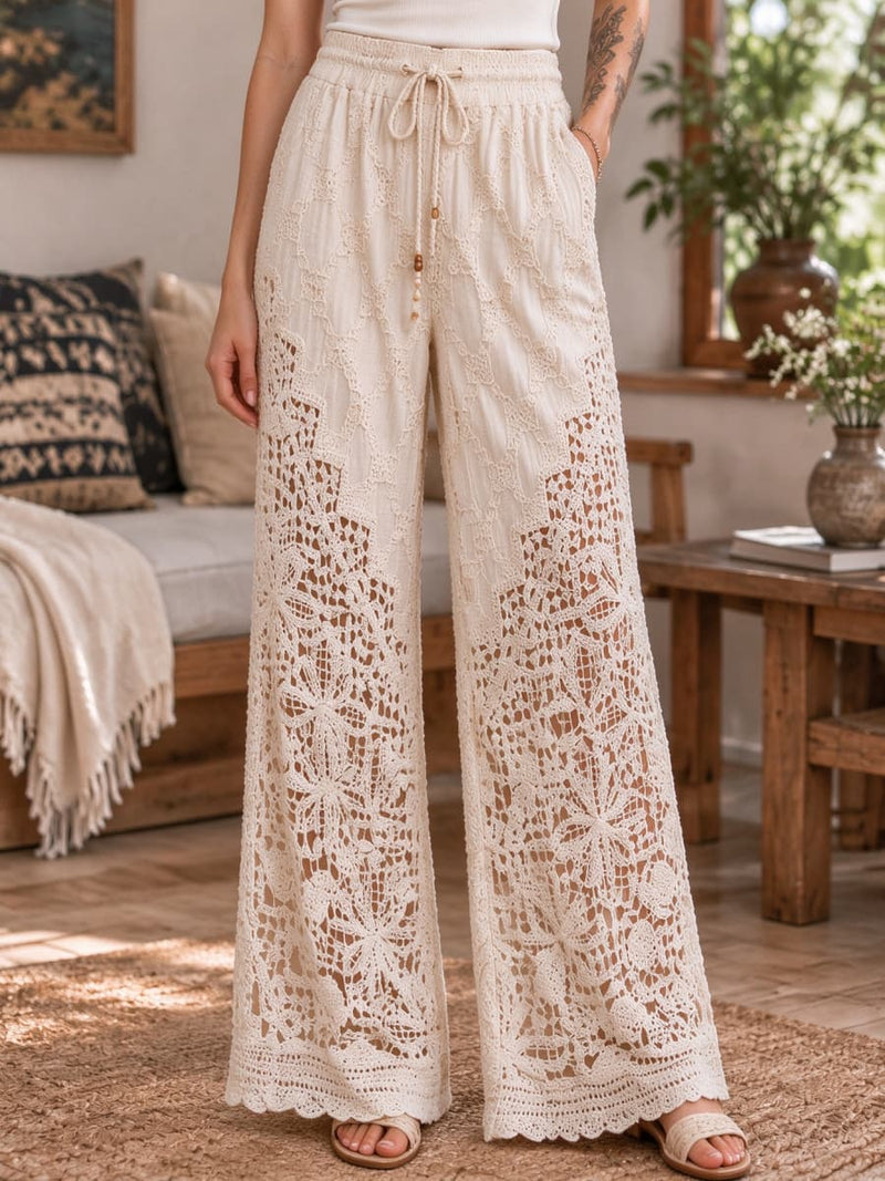 Women's Beige Floral Crochet Lace High Waist Wide Leg Long Pants