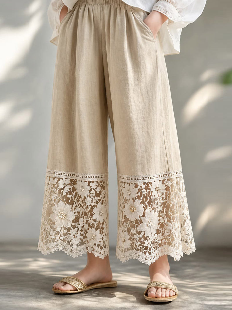 Women's Khaki Lace Floral Splicing Elastic Waist Wide Leg Long Pants
