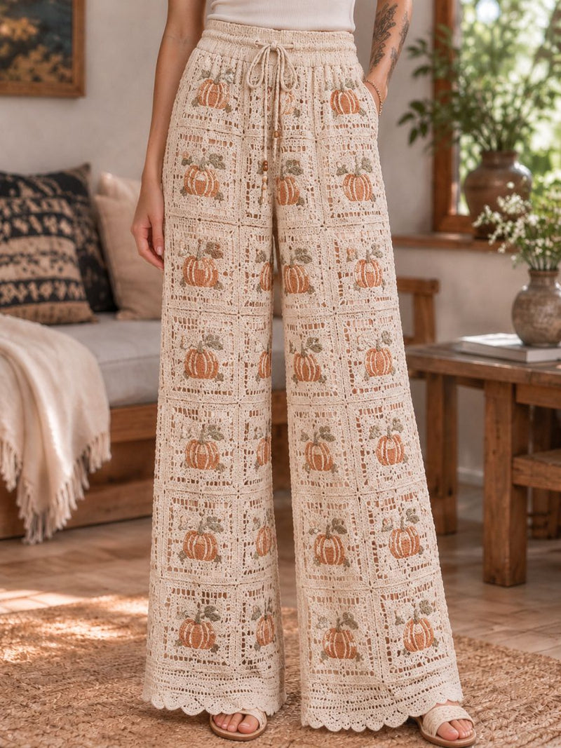 Women's Thanksgiving Beige Pumpkin Print Hollow Out Drawstring Waist Wide Leg Pants