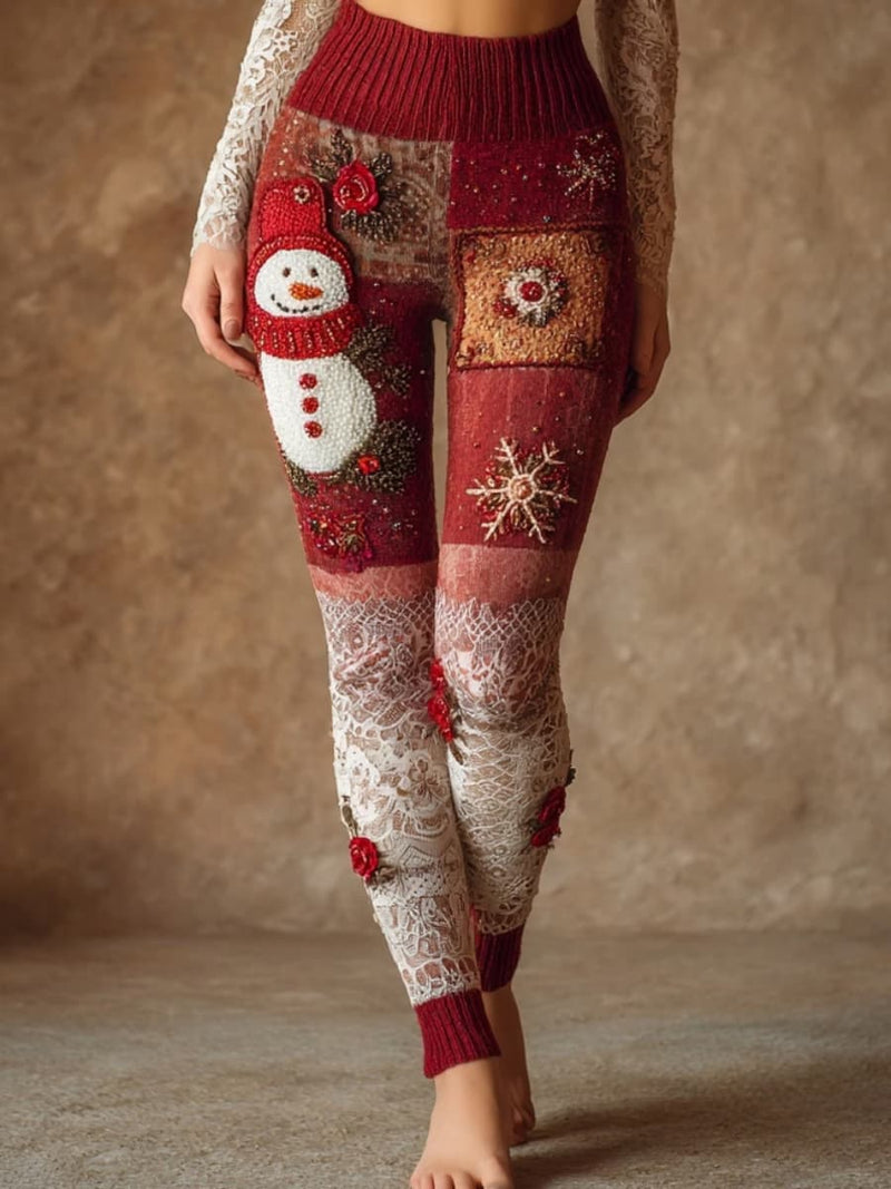 Women's Christmas Red Snowman Snowflake Patchwork Lace High Waist Knit Leggings